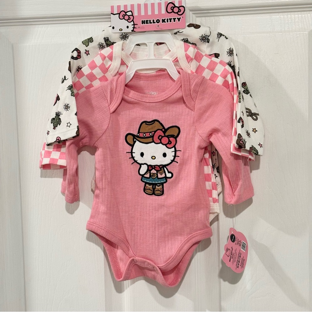 HELLO KITTY Baby Pink Cowgirl Cacti Bodysuits 3 Pack Long Sleeve SIZE 3M NEW